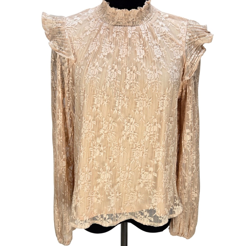 Women's Porridge Medium Floral Lace Smocked Mock Neck Ruffle Blouse Coquette